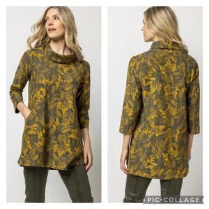 Komil Salvia Print Cowl Neck Tunic Top Cotton Lagenlook Gray Yellow Size Medium